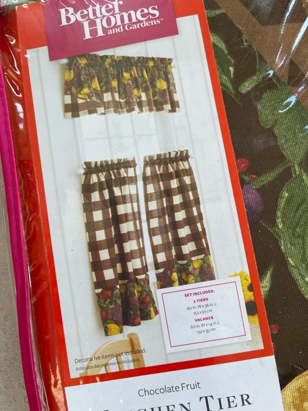 3 Piece Kitchen Window Valance & 2 Panel Curtains Chocolate Fruit New BH&G
